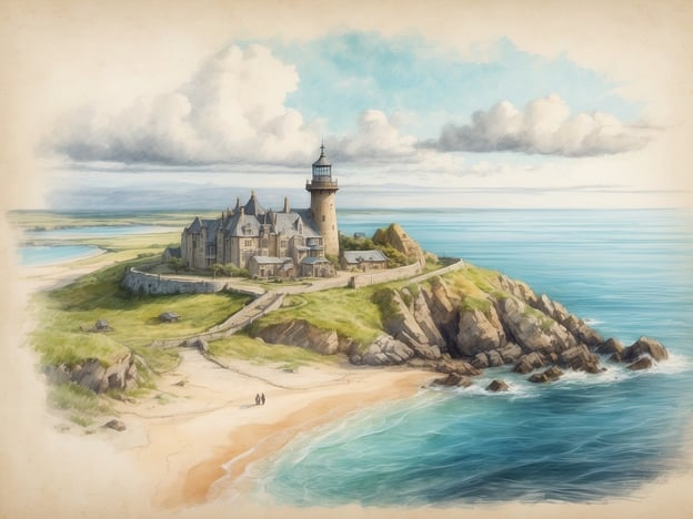 Eine malerische Küstenlandschaft zeigt ein eindrucksvolles Schloss mit einem Leuchtturm, das auf einer grünen Klippe über dem Meer thront. Die Umgebung ist von sanften Wellen und einem feinen Sandstrand geprägt, während im Hintergrund Hügel und Gewässer zu sehen sind. Ein paar Menschen spazieren am Strand entlang und genießen die idyllische Szenerie. Die Wolken am Himmel verleihen der Szene eine friedliche Atmosphäre.
