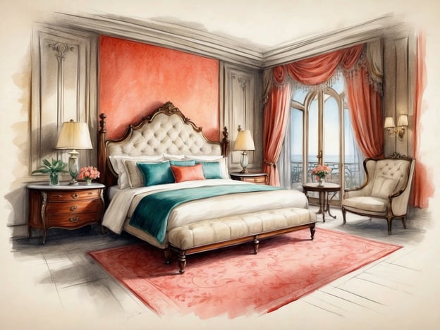 Auf dem Bild ist ein elegantes Schlafzimmer zu sehen. Es verfügt über ein großes, gepolstertes Bett mit bunten Kissen. An den Wänden sind geschmackvolle Dekorationen und es gibt einen modernen Teppich. Neben dem Bett stehen Nachttische mit Lampen und Blumen, was eine gemütliche Atmosphäre schafft.
Die Fenster sind mit schönen Vorhängen ausgestattet, die viel Tageslicht hereinlassen und einen Ausblick vermitteln. In einer Ecke steht ein bequemer Sessel und ein kleiner Tisch, der zum Entspannen einlädt. Zu den möglichen Serviceangeboten könnten Zimmerservice, tägliche Reinigung und Concierge-Dienste gehören, die den Aufenthalt komfortabler gestalten.