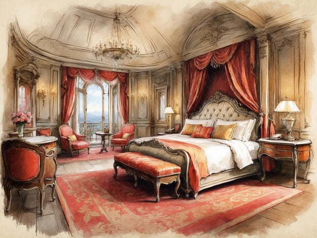 Das Bild zeigt eine luxuriöse Hotelzimmer-Umgebung, die mit opulenten Möbeln und eleganten Dekorationen gestaltet ist. Es umfasst einen großen, gepolsterten Bett mit dekorativen Kissen, stilvollen Sesseln und einem Tisch, umgeben von reich verzierten Vorhängen und einem prächtigen Kronleuchter. Die Fenster bieten einen Blick auf die Außenansicht, was für eine einladende Atmosphäre sorgt.
Im Überblick über NH Hotels könnte man sagen, dass ähnliche luxuriöse und stilvolle Zimmer in ihren hochklassigen Unterkünften zu finden sind. NH Hotels legt Wert auf modern ausgestattete Räumlichkeiten, die Komfort und Eleganz miteinander kombinieren, bietet jedoch auch eine Vielzahl von Annehmlichkeiten und Dienstleistungen, die auf die Bedürfnisse der Gäste abgestimmt sind.