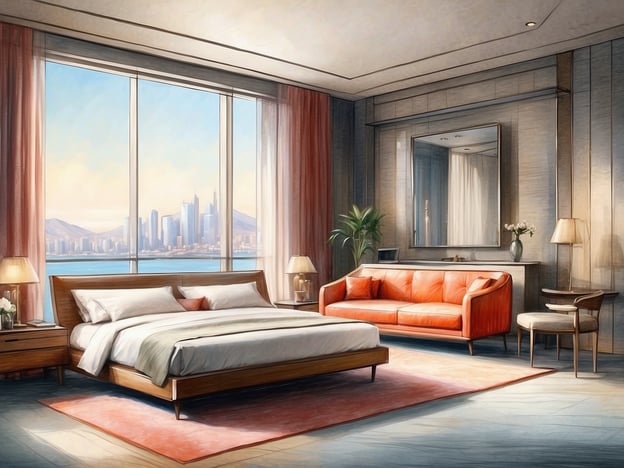 Auf dem Bild ist ein modernes Hotelzimmer zu sehen, das eine komfortable und elegante Ausstattung bietet. Es gibt ein großes Bett mit hochwertigen Bettwaren, Nachttische mit Lampen, und einen gemütlichen roten Sofa im Raum. Die großen Fenster ermöglichen einen schönen Blick auf eine Stadtlandschaft. Außerdem sind Pflanzen und dekorative Elemente wie ein Spiegel und eine Sitzgelegenheit vorhanden, die zur stilvollen Atmosphäre des Zimmers beitragen.
Im NH Hotel Utrecht sind ähnliche Annehmlichkeiten zu erwarten, wie komfortable Betten, modernes Design, große Fenster für Tageslicht und eine ruhige Umgebung für Erholung.