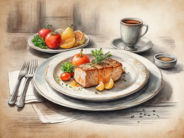 Auf dem Bild ist ein appetitlich angerichteter Teller mit einem Stück Lachs zu sehen, das mit frischen Kräutern garniert ist. Daneben sind einige Kirschtomaten und Zitronenscheiben platziert. Im Hintergrund gibt es eine Auswahl an frischen Früchten, darunter Äpfel, Birnen und eine Orange. Zusätzlich steht ein kleiner Kaffeebecher auf dem Tisch sowie eine Schale mit einer Sauce.
Diese Art der Präsentation könnte typisch für ein gehobenes Restaurant im Hotel sein, wo Wert auf eine ansprechende und kreative Darbietung der Speisen gelegt wird. Die Kombination von frischen Zutaten und einem eleganten Ambiente trägt zu einem besonderen gastronomischen Erlebnis bei, das Gäste während ihres Aufenthalts genießen können.