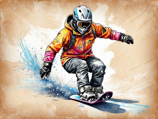 Auf dem Bild ist eine stilisierte Illustration eines Snowboarders zu sehen, der sich in einer dynamischen Pose auf einem Snowboard befindet. Der Snowboarder trägt eine schützende Ausrüstung, einschließlich eines Helms und einer farbenfrohen Jacke. Die Darstellung zeigt eine Bewegungsdynamik durch splatterähnliche Effekte, die auf das Gleiten im Schnee hinweisen.Wenn es um Zertifizierungsprozesse und -anforderungen geht, könnten folgende Aspekte berücksichtigt werden:1. **Sicherheitsanforderungen**: Die Schutzkleidung und Ausrüstung des Snowboarders sollten den Sicherheitsstandards entsprechen, um Verletzungen zu minimieren.2. **Spezifikationen für Ausrüstung**: Alle eingesetzten Materialien, wie das Snowboard und die Sicherheitsausrüstung, sollten nach standardisierten Zertifizierungen wie ISO oder EN geprüft werden.3. **Schulungen**: Snowboarder sollten an zertifizierten Schulungen teilnehmen, um ihre Fähigkeiten und Kenntnisse über Sicherheitsmaßnahmen zu vertiefen.Diese Anforderungen gewährleisten nicht nur die Sicherheit der Sportler, sondern auch eine qualitativ hochwertige Ausführung des Sports.