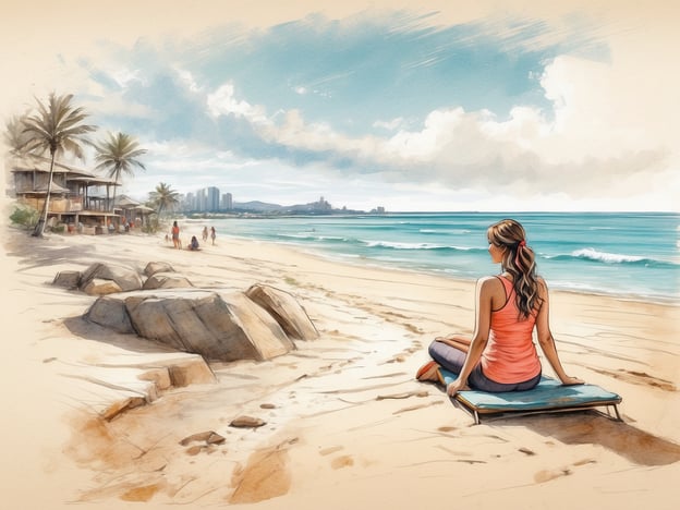 Auf dem Bild ist ein schöner Strand zu sehen, wo eine Frau entspannt sitzt. Die Umgebung bietet einige Freizeit- und Entspannungsmöglichkeiten:
1. **Strandpromenade**: Man könnte an der Küste spazieren gehen und die frische Luft genießen.
2. **Schwimmen**: Das klare Wasser lädt zum Schwimmen und Planschen ein.
3. **Sonnenbaden**: Die Sonne scheint, perfekt, um sich zu entspannen und ein Buch zu lesen.
4. **Wassersport**: Für Abenteuerlustige könnten Aktivitäten wie Surfing oder Kajakfahren möglich sein.
5. **Picknicken**: Die Umgebung bietet Platz für ein gemütliches Picknick mit Freunden oder der Familie.
Insgesamt strahlt das Bild eine entspannte und friedliche Atmosphäre aus, die zum Verweilen einlädt.