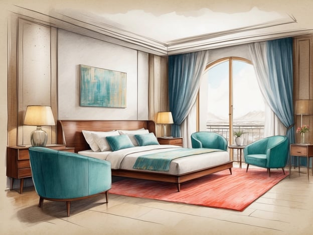 Auf dem Bild ist ein stilvolles Hotelzimmer zu sehen, das eine angenehme und einladende Atmosphäre ausstrahlt. Es verfügt über ein großes Bett mit einer eleganten Bettwäsche und zwei gemütliche Sessel in einem Blauton. Die Vorhänge sind ebenfalls hell und freundlich, und große Fenster lassen viel Licht herein. Es gibt auch dekorative Elemente wie ein Kunstwerk an der Wand und eine kleine Pflanze auf einem Tisch.
Das NH Hotel Valencia Las Artes ist bekannt für seine moderne Ausstattung und seine Nähe zu kulturellen Highlights in Valencia, wie der Ciudad de las Artes y las Ciencias. Die Zimmer sind oft geschmackvoll eingerichtet, ähnlich dem im Bild, und bieten den Gästen einen komfortablen Rückzugsort nach einem Tag der Erkundung der Stadt. Die Kombination aus zeitgenössischem Design und Funktionalität macht es zu einem beliebten Ziel für Reisende.