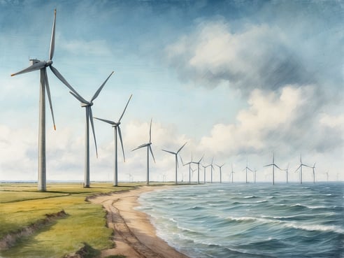 Das Bild zeigt eine Küstenlandschaft an der Nordsee mit einer Reihe von Windkraftanlagen, die sich entlang des Ufers erstrecken. Das Wasser der Nordsee ist sichtbar, sowie eine sandy Küstenlinie und grüne Wiesen im Vordergrund. Der Himmel ist hellblau mit einigen Wolken, die das Licht der Sonne reflektieren. Die Windräder sind hoch und wirken modern, was auf die Nutzung erneuerbarer Energie hinweist. Die gesamte Szene vermittelt ein Gefühl von Ruhe und Naturverbundenheit.