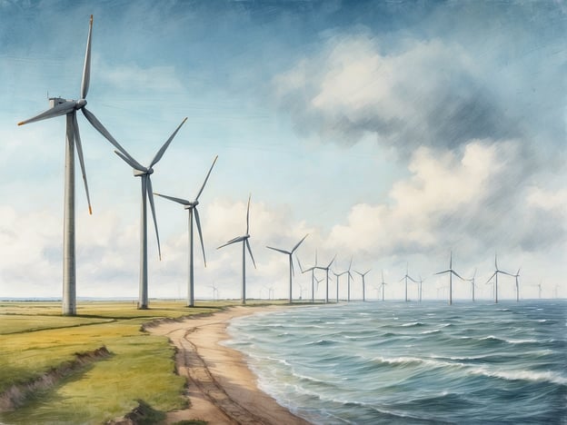 Das Bild zeigt eine Küstenlandschaft an der Nordsee mit einer Reihe von Windkraftanlagen, die sich entlang des Ufers erstrecken. Das Wasser der Nordsee ist sichtbar, sowie eine sandy Küstenlinie und grüne Wiesen im Vordergrund. Der Himmel ist hellblau mit einigen Wolken, die das Licht der Sonne reflektieren. Die Windräder sind hoch und wirken modern, was auf die Nutzung erneuerbarer Energie hinweist. Die gesamte Szene vermittelt ein Gefühl von Ruhe und Naturverbundenheit.