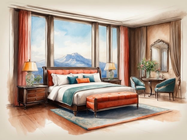 Auf dem Bild ist ein elegantes Schlafzimmer zu sehen. Es ist mit großen Fenstern ausgestattet, die einen schönen Blick auf eine Berglandschaft bieten.
Die Ausstattung umfasst:
- Ein großes, komfortables Bett mit einer orangefarbenen und teal-farbenen Bettdecke.
- Nachttische auf beiden Seiten des Bettes, einer davon mit einer Lampe und einer Vase mit einer Pflanze.
- Ein gemütlicher Hocker am Fußende des Bettes.
- Zwei stilvolle Stühle in einerTeal-Farbe, die um einen kleinen Tisch gruppiert sind.
- An einer Wand gibt es einen Spiegel und eine Vase mit frischen Blumen.
- Der Boden ist aus Holz und ein dekorativer Teppich ergänzt die Einrichtung.
Die Umgebung strahlt eine freundliche und einladende Atmosphäre aus.