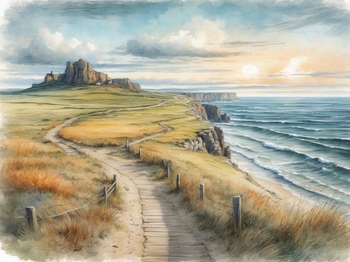 Eine malerische Landschaft zeigt einen geschwungenen Weg, der durch goldene Wiesen führt und hin zu einer Klippe am Meer führt. Im Hintergrund erhebt sich eine beeindruckende Felsformation mit Gebäuden, die oberhalb des Wassers liegen. Das Meer, das die Küste umspült, ist leicht bewegt und reflektiert das sanfte Licht der untergehenden Sonne. Der Himmel ist von sanften Wolken durchzogen und verleiht der Szene eine ruhige Atmosphäre. Diese Landschaft verkörpert den traumhaften Zusammentreffen von Nordsee und Ostsee.