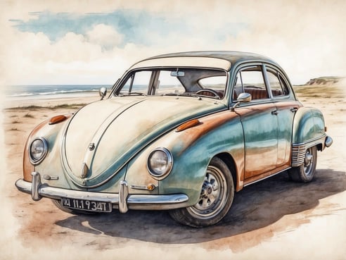 Auf dem Bild ist ein nostalgisches Auto zu sehen, das in sanften, pastellfarbenen Tönen lackiert ist. Das Fahrzeug steht auf einem sandigen Strand mit dem Meer im Hintergrund. Der Himmel ist teilweise bewölkt, und man kann die Weite des Strandes sowie die sanften Wellen des Wassers erkennen. Die besondere Gestaltung des Autos, das an die 1950er Jahre erinnert, hebt sich harmonisch von der natürlichen Umgebung ab.