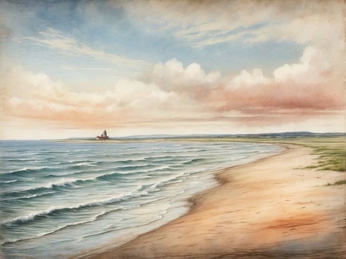 Ein malerischer Strandbereich an der Nordsee ist zu sehen, mit sanften Wellen, die an den goldenen Sandstrand branden. In der Ferne steht ein rotes Leuchtfeuer auf einer kleinen Landzunge, während der Himmel in sanften Pastellfarben erleuchtet ist. Einige Wolken ziehen ruhig am Himmel vorbei und die Küstenlandschaft wird von grünen Grasflächen ergänzt.