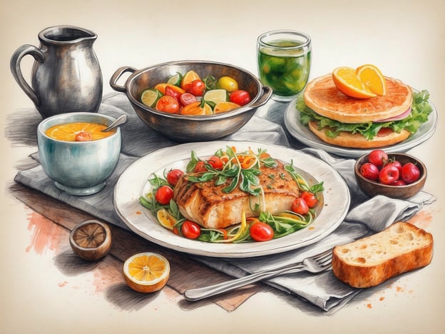 Auf dem Bild ist ein ansprechend angerichtetes kulinarisches Erlebnis zu sehen. Im Mittelpunkt steht ein saftiges Fischfilet, das zusammen mit frischen Tomaten und einem Salat aus Gemüse serviert wird. Daneben befindet sich eine Schüssel mit einer bunten Mischung aus kleinen Cherry-Tomaten und Limetten, die die Frische des Gerichts unterstreichen.
Zu den Speisen gehören außerdem eine leckere Suppe in einer blauen Schüssel und ein erfrischendes Getränk in einem Glas, welches mit frischen Kräutern und Limettenstücken garniert ist. Ein luftiger Hamburger, der mit Salat und einer Orangenscheibe dekoriert ist, rundet das Menü ab. Auf einem Teller liegt ein Stück knuspriges Brot, perfekt zum Dippen oder als Beilage.
Diese Zusammenstellung vermittelt ein Gefühl von Genuss und lädt zum Schlemmen ein, ideal für eine gesellige Runde oder ein entspanntes Mittagessen.