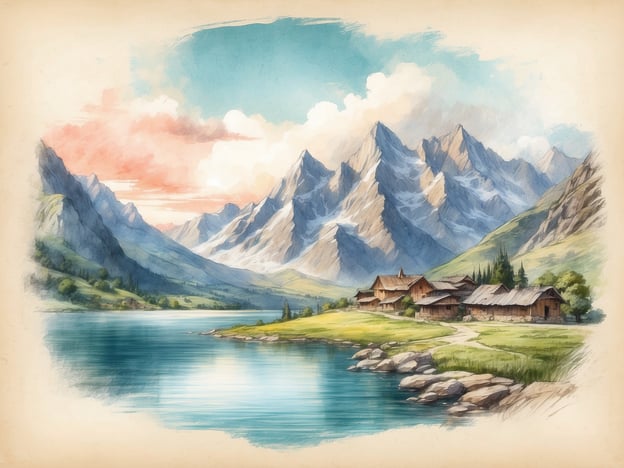 Auf dem Bild ist eine idyllische Landschaft zu sehen. Im Vordergrund fließt ein ruhiger See, dessen Wasser die Umgebung spiegelt. Rechts am Ufer reihen sich einige Holzgebäude, möglicherweise ein kleines Dorf oder eine Hütte, in einer malerischen ländlichen Szenerie.Im Hintergrund erheben sich majestätische Berge mit schroffen Gipfeln, die teilweise mit Schnee überzogen sind. Der Himmel zeigt sanfte Pastellfarben, die auf eine Dämmerungsstimmung hindeuten. Die gesamte Umgebung wirkt friedlich und harmonisch, ideal für Naturfreunde und Erholungssuchende.