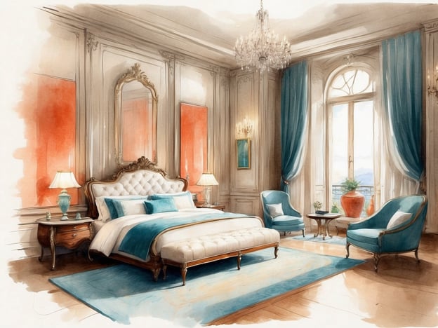 Auf dem Bild ist ein elegantes Schlafzimmer zu sehen. Die Ausstattung umfasst ein großes, gepolstertes Bett mit einer bequemen Matratze und dekorativen Kissen. An den Wänden befinden sich große Spiegel in opulenten Rahmen.Neben dem Bett stehen Nachttische mit Lampen. Der Raum ist mit einem stilvollen Teppich und einem blaulichen Vorhang geschmückt. In der Ecke stehen zwei gemütliche Sessel und ein kleiner Tisch. Ein großer Fenster bietet einen Blick nach draußen und lässt viel Licht in den Raum. Insgesamt vermittelt das Zimmer einen luxuriösen und einladenden Eindruck.