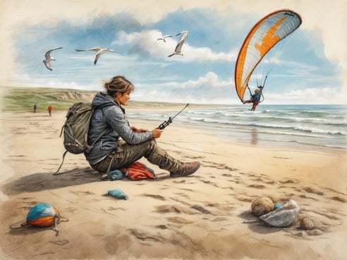 Ein Strand an der Nordsee mit einer Frau, die angelt. Sie sitzt im Sand mit einem Rucksack und hält eine Angelrute in der Hand. Im Hintergrund ist ein Gleitschirmpilot zu sehen, der über den Strand fliegt. Am Sand liegen einige Muscheln und ein buntes Strandspielzeug. Darüber fliegen Möwen. Am Horizont sind sanfte Wellen und eine bewölkte Himmel zu sehen. Man kann an der Nordsee angeln, Gleitschirmfliegen und Strandspiele genießen.