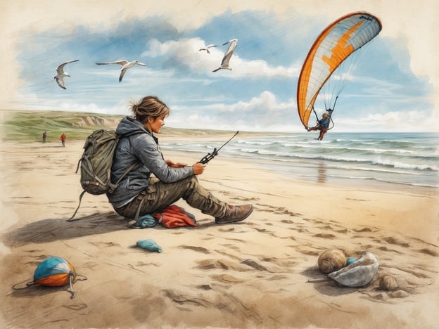 Ein Strand an der Nordsee mit einer Frau, die angelt. Sie sitzt im Sand mit einem Rucksack und hält eine Angelrute in der Hand. Im Hintergrund ist ein Gleitschirmpilot zu sehen, der über den Strand fliegt. Am Sand liegen einige Muscheln und ein buntes Strandspielzeug. Darüber fliegen Möwen. Am Horizont sind sanfte Wellen und eine bewölkte Himmel zu sehen. Man kann an der Nordsee angeln, Gleitschirmfliegen und Strandspiele genießen.