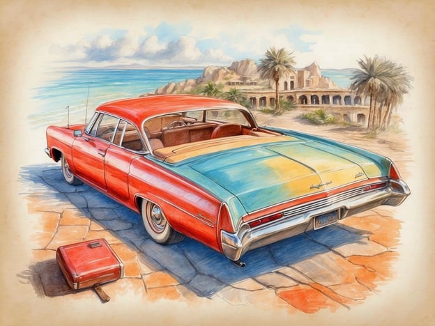 Auf dem Bild ist ein echter Klassiker zu sehen: ein Oldtimer, der eine malerische Kulisse am Meer genießt. Der Wagen hat eine auffällige rot-blaue Farbgestaltung, die nostalgische Erinnerungen weckt und ein Gefühl von Freiheit und Abenteuer vermittelt.Dieser Stil von Oldtimern ist oft sehr geschätzt, insbesondere von Automobil-Enthusiasten. Viele Menschen haben eine besondere Verbundenheit mit solchen Fahrzeugen, da sie die Eleganz und das Design der vergangenen Jahre repräsentieren.Im Hintergrund sieht man eine ruhige Küstenlandschaft mit Palmen und möglicherweise einer alten, verlassenen Architektur, die dem Bild einen zusätzlichen nostalgischen Charme verleiht. Insgesamt strahlt die Szene eine entspannte Urlaubsstimmung aus und könnte für viele die Vorstellung eines perfekten Sommertages verkörpern.Die Kombination aus dem Oldtimer und der idyllischen Umgebung könnte bei Betrachtern positive Erinnerungen an Roadtrips oder entspannte Ausflüge hervorrufen. Solche Darstellungen werden oft in der Kunst und Fotografie verwendet, um nostalgische Gefühle zu wecken und das Lebensgefühl vergangener Zeiten einzufangen.