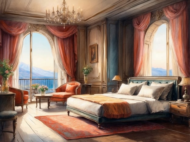 Auf dem Bild ist ein elegantes Schlafzimmer zu sehen. Der Raum ist stilvoll und großzügig gestaltet, mit großen Fenstern, durch die man eine malerische Aussicht auf eine Landschaft mit Bergen und Wasser hat. Der Schlafbereich ist mit einem großen Bett ausgestattet, das mit weichen Kissen und einer Decke dekoriert ist. Neben dem Bett steht ein Nachttisch mit einer Lampe.
Es gibt auch einen gemütlichen Sitzbereich mit zwei Sessel und einem Tisch. Die Fenster sind mit schweren Vorhängen in warmen Farben geschmückt, und es gibt Blumenarrangements, die dem Raum eine frische und einladende Atmosphäre verleihen. Der Boden ist aus Holz und ein Teppich vervollständigt die elegante Einrichtung. Alles zusammen vermittelt den Eindruck eines luxuriösen und komfortablen Rückzugsortes.