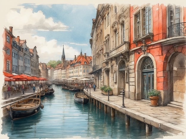 Eine malerische Uferpromenade mit historischen Gebäuden, die an einem ruhigen Kanal entlang verläuft. Am linken Rand sind zahlreiche kleine Boote vertäut, während auf der anderen Seite unter roten Sonnenschirmen viele Menschen verweilen. Im Hintergrund sind Gebäude mit bunten Dächern und ein hoher Kirchturm zu sehen, der die Skyline prägt. Über dem Szenario strahlt ein blauer Himmel mit einigen weißen Wolken. Bremen gehört zum Bundesland Bremen.