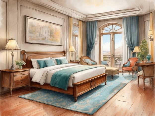 Auf dem Bild ist ein stilvolles, helles Schlafzimmer zu sehen. Es verfügt über ein großes Doppelbett mit geschmackvollen Kissen und einer Decke sowie einem eleganten Holzrahmen. Neben dem Bett stehen zwei Nachttische mit Lampen. Große Fenster lassen viel Tageslicht in den Raum und bieten einen Blick nach draußen, wo wahrscheinlich ein Balkon vorhanden ist. Der Boden ist aus Holz, und ein Teppich mit einem ansprechenden Muster sorgt für zusätzlichen Komfort.
Das NH Hotel am Flughafen Wien bietet ähnliche Annehmlichkeiten mit modernen, komfortablen Zimmern, die ideal für Reisende sind. Gäste können eine gute Anbindung zum Flughafen sowie verschiedene Einrichtungen wie ein Restaurant, Fitnessbereich und Tagungsräume erwarten.