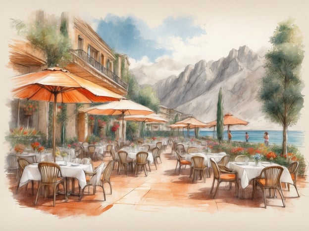 Auf dem Bild ist eine malerische Terrasse eines Restaurants zu sehen, das einen herrlichen Blick auf einen See bietet, umgeben von Bergen. Die Tische sind schön eingedeckt und mit weißen Tischdecken bedeckt. Über den Tischen stehen orangefarbene Sonnenschirme, die eine angenehme Schattenfläche bieten.
Die Umgebung ist lebhaft und einladend, mit bunten Blumen und Pflanzen, die die Atmosphäre auflockern. Es scheinen auch einige Gäste zu sein, die den Blick genießen oder sich am Wasser aufhalten. Dieses Bild vermittelt eine entspannte Freizeitstimmung, ideal für einen gemütlichen Nachmittag in einem Café oder Restaurant am Wasser.