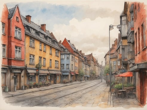 Eine ruhige Straßenansicht mit bunten Häusern in den Farben Rot, Gelb und Blau. Die Fassaden sind liebevoll gestaltet mit Fenstern und blühenden Pflanzen in den Eingangsbereichen. Auf der linken Seite sind einige gemütliche Cafés und kleine Geschäfte zu sehen, während die Straße in der Mitte sanft verläuft und sich in der Ferne verliert. Der Himmel ist teilweise bewölkt, und die Atmosphäre wirkt einladend und friedlich. Diese Gegend könnte im Bremer Viertel liegen, ein Ort, den man besonders tagsüber entdecken sollte.