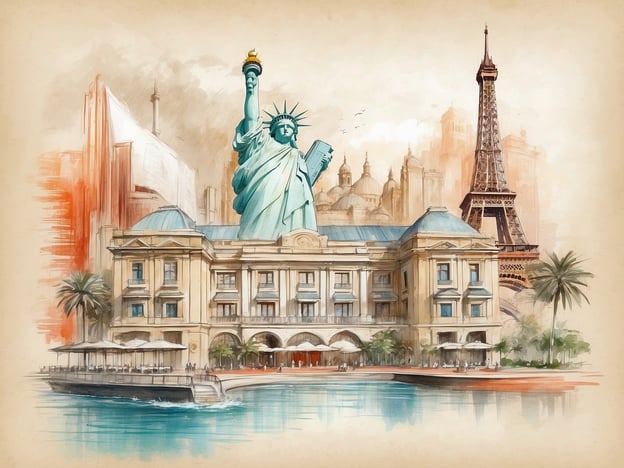 Auf dem Bild sind zwei bekannte Monumente zu sehen: die Freiheitsstatue und der Eiffelturm, umgeben von einer malerischen Architektur und einer Wasserfläche. Diese Darstellung könnte symbolisch für die internationalen Dimensionen der NH Hotels stehen, die weltweit in verschiedenen Städten präsent sind und sowohl in Europa als auch in Amerika eine bedeutende Rolle spielen.
Die Geschichte der NH Hotels beginnt 1978 in den Niederlanden und hat sich seitdem zu einer globalen Hotelkette entwickelt, die für ihren Komfort und ihre Gastfreundschaft bekannt ist. Die Verbindung von verschiedenen kulturellen Elementen in dem Bild spiegelt die Vielfalt und das internationale Flair der NH Hotels wider.