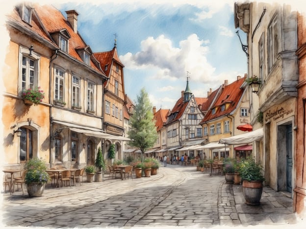 Die Straße zeigt eine malerische Altstadt mit charmanten, historischen Gebäuden in warmen Farbtönen. Auf der linken Seite befinden sich kleine Cafés und Restaurants mit blühenden Pflanzen und Sitzgelegenheiten im Freien. Die gepflasterte Straße schlängelt sich durch die Szene, während im Hintergrund Menschen flanieren und die Sonne scheint, was eine einladende Atmosphäre schafft. Am Ende der Straße sind weitere interessante Gebäude erkennbar, die den Charakter der Stadt unterstreichen. Diese Szene spiegelt die besondere Atmosphäre wider, die Bremen zu bieten hat, mit seinen engen Gassen und einladenden Plätzen.