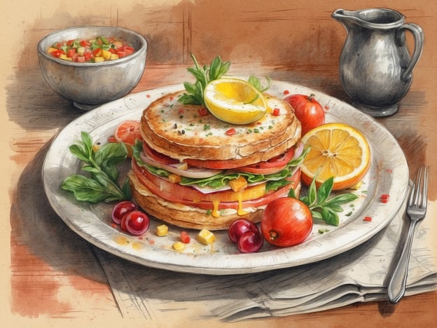 Auf dem Bild ist ein kunstvoll angerichtetes Gericht zu sehen, das aus mehreren Schichten besteht, darunter Toast, frisches Gemüse und Käse, garniert mit Zitronenscheiben und Kräutern. Neben dem Hauptgericht befindet sich eine kleine Schüssel mit einer bunten Gemüsemischung.
In den NH Hotels Wien City finden Gäste eine breite Palette an kulinarischen Angeboten, die lokale und internationale Küche umfassen. Dazu gehören reichhaltige Frühstücksbuffets mit frischen Zutaten, gesunde Snacks und exquisite Abendessen, die von erfahrenen Köchen zubereitet werden. Die Atmosphäre ist einladend und bietet eine perfekte Ergänzung zum Genuss der Speisen.