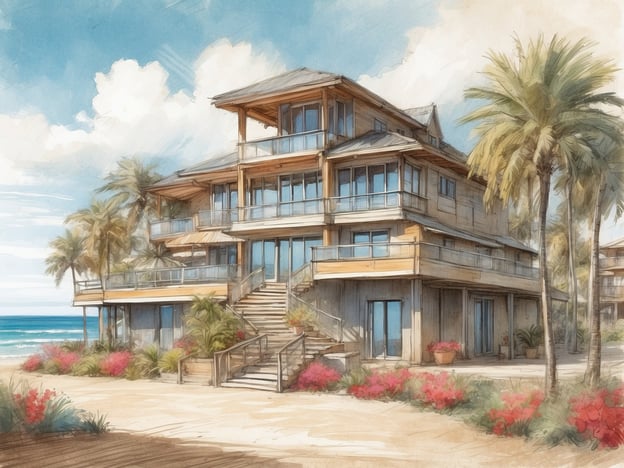 Auf dem Bild ist ein stilisiertes Haus zu sehen, das von Palmensäulen umgeben ist und einen Ausblick auf das Meer hat. Es hat große Fenster und mehrere Terrassen, die einen einladenden Eindruck vermitteln.
Das NH Hotels Zandvoort bietet eine Vielzahl von Annehmlichkeiten, darunter moderne Zimmer mit Meerblick, direkten Zugang zum Strand und viele Freizeitmöglichkeiten in der Umgebung. Gäste können sich auf eine entspannende Atmosphäre und eine komfortable Unterkunft freuen, ideal für Strandurlaube und Erkundungstouren in der umliegenden Natur.