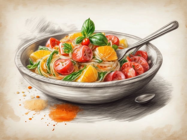 Auf dem Bild ist eine elegante Schale mit einer farbenfrohen Nudel- oder Salatkreation zu sehen, die aus Spaghetti, Kirschtomaten, frisch zubereiteten Kräutern und möglicherweise Orangenstücken besteht.
In der Gastronomie der Region gibt es zahlreiche Orte, die ähnliche Gerichte anbieten. Besonders in mediterranen Restaurants oder Trattorien kann man frische, saisonale Zutaten genießen. Diese Küche zelebriert oft die Aromen von frischen Tomaten und Kräutern, die dort lokal angebaut werden.
Außerdem bietet die Region auch Märkte, auf denen lokale Produzenten ihre frischen Zutaten verkaufen, wodurch man die Möglichkeit hat, solche Rezepte selbst auszuprobieren. Es ist eine hervorragende Gegend, um sich von den kulinarischen Köstlichkeiten inspirieren zu lassen!