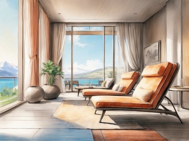 Auf dem Bild ist eine moderne und helle Lounge oder ein Wohnzimmer zu sehen, das eine Aussicht auf eine malerische Landschaft bietet, möglicherweise mit Wasser und Bergen im Hintergrund. Es gibt gemütliche Sessel, große Fenster, die viel Tageslicht hereinlassen, und einige dekorative Elemente wie Pflanzen und Tische.
Das NH Hotel in Zoetermeer bietet eine komfortable Unterkunft mit modernen Annehmlichkeiten und einem einladenden Ambiente. Gäste können in stilvollen Zimmern entspannen und die Einrichtungen wie ein Restaurant, Konferenzräume und Fitnessmöglichkeiten nutzen. Die Lage ermöglicht zudem einen einfachen Zugang zu den Sehenswürdigkeiten der Umgebung.