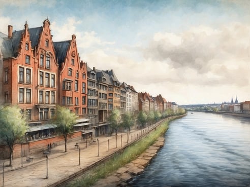 Auf dem Bild ist eine malerische Uferpromenade mit einer Reihe von historischen Backsteingebäuden zu sehen. Der Fluss fließt entlang der Promenade, und auf dem Wasser ist ein kleines Boot zu erkennen. Bäume und Sitzgelegenheiten auf dem Gehweg schaffen eine einladende Atmosphäre. Im Hintergrund ragen einige Kirchen oder Türme in den Himmel, was die städtische Kulisse ergänzt. Welcher Fluss fließt durch Bremen?