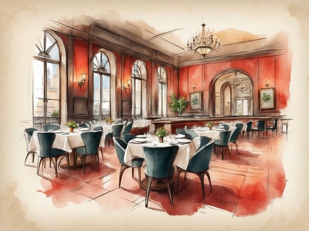 Auf dem Bild ist ein elegantes Restaurant zu sehen. Es hat eine stilvolle Atmosphäre, mit Tischen, die schön eingedeckt sind. Die Tische sind mit weißen Tischdecken dekoriert und verfügen über dekorative Pflanzenmittelstücke.
Die Wände sind rot gestrichen, und große Fenster lassen viel natürliches Licht herein. Im Hintergrund sieht man eine Bar, die ebenfalls ansprechend gestaltet ist. Diese Umgebung könnte ideal für besondere Anlässe, romantische Abendessen oder geschäftliche Veranstaltungen sein. Funktionen wie elegante Menüs und ein exzellenter Service scheinen hier ebenfalls betont zu werden.