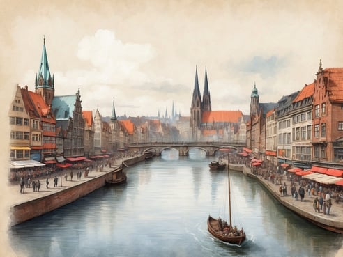 Ein malerischer Blick auf eine historische Stadt mit bunten Fachwerkhäusern entlang eines Gewässers. Einige Boote liegen am Ufer vor einer belebt wirkenden Promenade, auf der zahlreiche Menschen flanieren. Im Hintergrund sind mehrere Türme von Kirchen oder historischen Gebäuden sichtbar, die das Stadtbild prägen. Der Himmel ist leicht bewölkt und vermittelt eine ruhige Atmosphäre. Wie viele Einwohner hat Bremen?