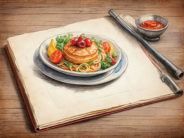 Auf dem Bild ist ein kunstvoll angerichteter Teller zu sehen, der in einem Restaurant serviert werden könnte. Er enthält eine Kombination aus Spaghetti, die mit frischen Tomaten und Blattgrün garniert sind, sowie einer zarten, goldbraun gebratenen wie Fisch oder Hähnchen.
Zusätzlich sieht man eine Zitronenscheibe und einige Kirschen als farbenfrohe Beigabe. Neben dem Teller liegt eine Schale mit einer würzigen Soße, die perfekt zu den Aromen des Gerichts passt. Diese Komposition könnte einladend sein für ein kulinarisches Erlebnis in einem gehobenen Restaurant, das Wert auf frische Zutaten und ansprechende Präsentation legt.
