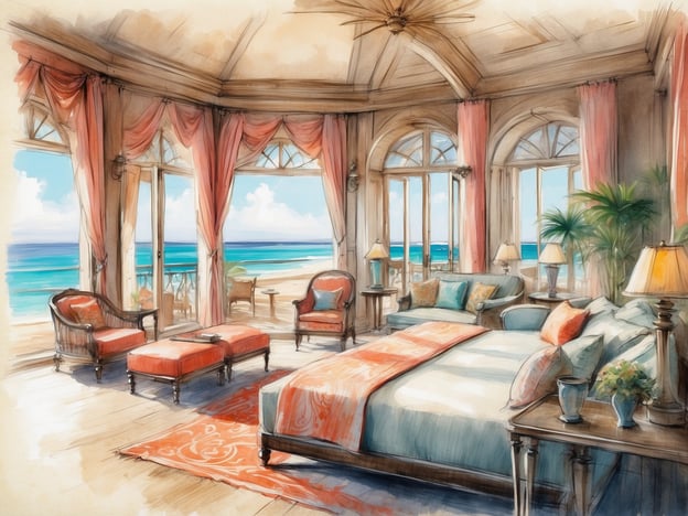 Das Bild zeigt eine stilisierte, helle und einladende Hotelzimmeransicht mit großen Fenstern, die einen Blick auf den Strand und das Meer bieten. Die Einrichtung ist elegant, mit einem großen Bett, komfortablen Sitzgelegenheiten und einer warmen Farbpalette, die ein Gefühl von Luxus und Entspannung vermittelt.Das Tivoli Alvor Algarve Resort liegt in einer idyllischen Umgebung an der Algarve und bietet eine Vielzahl von Annehmlichkeiten, darunter mehrere Restaurants, Pools und Access zu einem schönen Strand. Es ist ein perfekter Ort für einen entspannten Urlaub mit großem Komfort und einem hohen Serviceniveau.