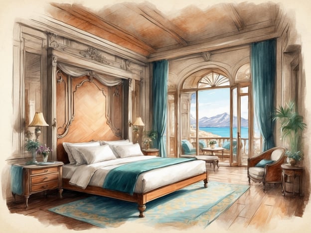 Auf dem Bild ist ein elegantes Schlafzimmer in einem Resort zu sehen. Es gibt ein großes, gemütliches Bett mit hochwertiger Bettwäsche und geschmackvolle Möbel. Die großen Fenster bieten einen atemberaubenden Blick auf das Meer und die Berge im Hintergrund, was eine entspannende Atmosphäre schafft.Im Raum gibt es angenehme Annehmlichkeiten wie Nachtischlampen und einen kleinen Tisch mit Blumen, der für einen angenehmen Aufenthalt sorgt. Die schön drapierten Vorhänge und der stilvolle Teppich verleihen dem Raum zusätzlichen Komfort.Aktivitäten im Resort könnten zum Beispiel entspannende Tage am Strand, Wellness-Behandlungen im Spa-Bereich oder Aktivitäten wie Wandern und Wassersport sein. Der Aufenthalt dort verspricht sowohl Entspannung als auch Erholung in einer luxuriösen Umgebung.