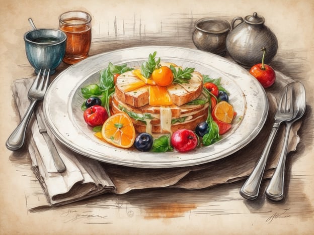 Auf dem Bild ist ein kunstvoll angerichtetes Gericht zu sehen, das aus mehreren Schichten Brot besteht, verziert mit frischen Früchten und Salat. Die orangefarbenen Stücke und die bunten Beeren verleihen dem Teller ein ansprechendes Aussehen. Darüber hinaus befinden sich im Hintergrund Tassen und kleine Kännchen, die auf eine gemütliche Atmosphäre hinweisen.Im Tivoli Alvor Algarve Resort sind kulinarische Erlebnisse geprägt von frischen Zutaten und kreativen Gerichten. Gäste können sich auf abwechslungsreiche Menüs freuen, die die Aromen der Algarve widerspiegeln. Die Kombination von traditionellem und modernem Kochen sorgt für unvergessliche Geschmackserlebnisse, ideal um im traumhaften Ambiente des Resorts zu dinieren.