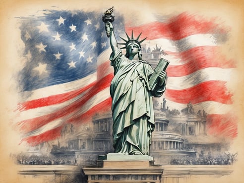 Die Statue der Freiheit steht im Vordergrund und hält eine Fackel in der rechten Hand und eine Tafel in der linken Hand. Im Hintergrund ist die amerikanische Flagge mit ihren roten und weißen Streifen sowie den 50 weißen Sternen auf blauem Grund zu sehen. Der Hintergrund zeigt zusätzlich eine schematische Darstellung von Gebäuden und Menschenmengen, die eine festliche Atmosphäre erzeugen. Diese Darstellung symbolisiert Freiheit und die Werte der Vereinigten Staaten.