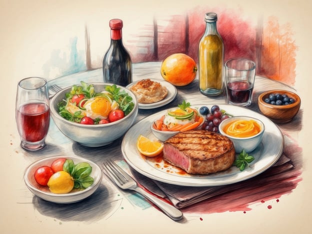 Auf dem Bild ist eine ansprechend angerichtete Mahlzeit zu sehen, die typisch für kulinarische Genüsse in einem Resort sein könnte. Im Vordergrund liegt ein saftiges, gegrilltes Stück Fleisch, umgeben von frischen Früchten wie Orangen und Trauben. Daneben befinden sich Beilagen wie ein bunter Salat und eine cremige Sauce.
Außerdem sind verschiedene Getränke zu sehen, darunter eine Flasche Wein und ein Glas mit einer erfrischenden roten Flüssigkeit. Kleine Schalen mit frischen Beeren runden das Bild ab. Diese Auswahl spiegelt eine gehobene Gastronomie wider, die Gästen eine exquisit Zusammensetzung von Aromen und Farben bietet.