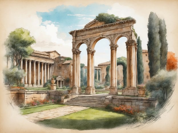 Auf dem Bild sieht man eine malerische, antike Architektur mit Säulen und einem Bogen, umgeben von einer üppigen Landschaft. Dieses Setting erinnert an historische Ruinen und könnte an eine klassische Gartenlandschaft angelehnt sein.
In Bezug auf den Tivoli Coimbra handelt es sich um einen berühmten Park in Coimbra, Portugal, der für seine herausragenden Gärten, Wasserspiele und monumentalen Stufen bekannt ist. Er kombiniert Natur und Architektur auf beeindruckende Weise und bietet einen Blick auf die Geschichte und Kultur der Region. Die Gestaltung des Parks spiegelt Elemente der italienischen Gartenkunst wider und stellt eine harmonische Verbindung zwischen Natur und Baukunst her.