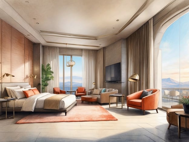 Auf dem Bild ist ein elegantes Zimmer zu sehen, das eine einladende Atmosphäre ausstrahlt. Es handelt sich um ein modernes Schlafzimmer mit einem großen, bequemen Bett, das mit weichen Kissen und einer Decke ausgestattet ist.
Im Raum befinden sich sowohl eine Sitzecke mit stilvollen orangefarbenen Sesseln und einem Couchtisch als auch eine dekorative Pflanze, die frische Akzente setzt. Große Fenster ermöglichen einen Blick auf die Landschaft und sorgen für viel natürliches Licht.
Zur Ausstattung gehören auch ein Fernseher an der Wand und verschiedene Beleuchtungselemente, die zur Gemütlichkeit beitragen. Die Farbauswahl und die Materialien wirken luxuriös und harmonisch, was das Zimmer zu einem angenehmen Rückzugsort macht.