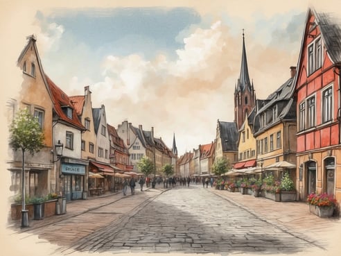 Eine malerische Straße mit alten, charmanten Gebäuden und roten Ziegeldächern ist zu sehen. Auf beiden Seiten der Straße stehen Bäume und Blumen in Kübeln, die eine freundliche Atmosphäre schaffen. Menschen schlendern entspannt entlang der Straße, und einige Cafés mit Tischen draußen laden zum Verweilen ein. Am Ende der Straße ragt ein hoher Kirchturm in den Himmel, der das Bild dominiert. Das Wetter ist klar mit sanften Wolken im Hintergrund und einem hellen Himmel. Bremen wird von den Bundesländern Niedersachsen und Hamburg umschlossen.