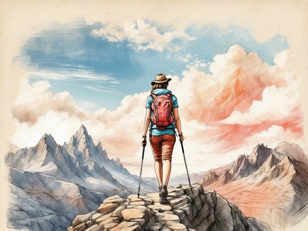 Auf dem Bild sieht man eine wandernde Person, die auf einem Gipfel steht und in die Ferne blickt. Die traumhafte Berglandschaft bietet zahlreiche Möglichkeiten für Outdoor-Aktivitäten wie Bergsteigen, Radfahren oder Fotografie. In der Umgebung könnten auch malerische Wanderwege und atemberaubende Aussichten auf Täler und Seen zu finden sein.
In dieser Gegend bietet es sich zudem an, die lokale Flora und Fauna zu erkunden oder ein Picknick im Freien zu genießen. Bei klarem Wetter könnten auch weitere Sehenswürdigkeiten wie versteckte Wasserfälle oder historische Ruinen in der Nähe sein, die einen Besuch wert sind.