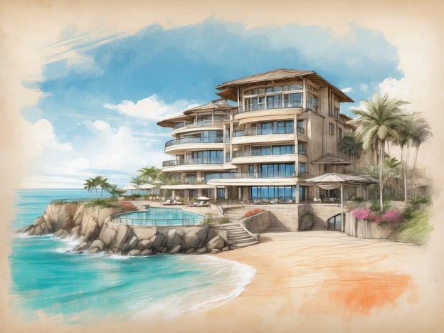 Auf dem Bild ist eine künstlerische Darstellung eines Resorts zu sehen, das an einer Küste liegt. Das Gebäude hat mehrere Etagen mit großen Fenstern und ist von Palmen und bunten Blumen umgeben. Im Vordergrund gibt es einen Pool, der an die Felsen und das Meer anschließt. Die Szenerie strahlt eine entspannende Urlaubsatmosphäre aus.
Das **Tivoli La Caleta Resort** ist ein luxuriöses Urlaubsresort, das sich in einer malerischen Lage an der Küste befindet. Es bietet eine Vielzahl von Annehmlichkeiten wie Pools, Restaurants und Zugang zu schönen Stränden. Gäste können eine entspannte Atmosphäre mit herrlichem Blick auf das Meer genießen und an zahlreichen Freizeitaktivitäten teilnehmen. Das Resort ist ideal für Familien, Paare und Urlauber, die Erholung und Komfort suchen.