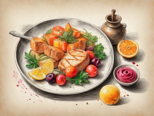Auf dem Bild ist ein Teller mit verschiedenen Speisen zu sehen. Es gibt gegrilltes Fleisch, wahrscheinlich Geflügel oder Fisch, das in Stücke geschnitten ist. Neben dem Fleisch befinden sich goldene Kürbiswürfel und frische Kräuter, die das Gericht dekorieren.
Außerdem sieht man eine Zitronenscheibe, verschiedene bunte Tomaten und Früchte wie Kirschen und eine Orange. In einer kleinen Schüssel steht eine Art Soße oder Dip in einer pinkfarbenen Farbe. Das gesamte Arrangement ist ansprechend und könnte eine kreative Präsentation aus der gehobenen Küche sein.