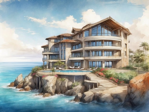 Auf dem Bild ist eine künstlerische Darstellung eines luxuriösen Ferienhauses oder Resorts zu sehen. Es zeigt eine moderne Architektur, die sich harmonisch in eine Küstenlandschaft einfügt. Das Gebäude verfügt über große Fenster und Balkone, die einen herrlichen Blick auf das Meer ermöglichen. Umgeben von tropischen Pflanzen und Felsen, bietet es eine einladende Umgebung, ideal für Entspannung und Erholung.
Das Tivoli Lagos Algarve Resort ist ein beliebtes Ziel an der Algarve in Portugal. Es bietet eine Mischung aus luxuriösen Unterkünften, hervorragenden gastronomischen Einrichtungen und verschiedenen Freizeitmöglichkeiten. Das Resort ist bekannt für seinen schönen Zugang zu Stränden, Wassersportangeboten und den malerischen Golfplätzen in der Umgebung. Gäste können sich auf einen herausragenden Service und eine Vielzahl von Annehmlichkeiten freuen, die einen erholsamen Aufenthalt garantieren.