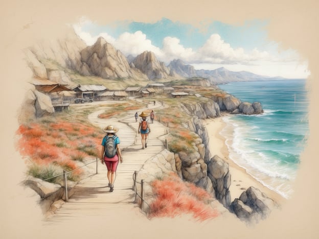 Auf dem Bild ist eine malerische Küstenlandschaft zu sehen, in der Menschen einen Holzweg entlang spazieren. Die Umgebung ist von sanften Hügeln und dem Meer geprägt, und die Blumen in lebhaften Farben verleihen der Szenerie einen zusätzlichen Reiz. Diese Szene könnte mit verschiedenen Freizeitaktivitäten in Verbindung gebracht werden, wie zum Beispiel:
- Wandern: Die Personen genießen eine entspannte Wanderung entlang des Küstenweges.
- Naturerkundung: Die Umgebung lädt dazu ein, die Natur zu erkunden und die Aussicht zu genießen.
- Fotografie: Die beeindruckende Landschaft bietet tolle Motive für Fotografien.
- Strandaktivitäten: Nahe dem Wasser gibt es Möglichkeiten zum Schwimmen oder Sonnenbaden.
- Picknicks: Ein schöner Ort für ein Picknick mit Freunden oder Familie könnte ebenfalls in der Nähe sein.
Insgesamt vermittelt das Bild ein Gefühl von Entspannung und Erholung in der Natur.