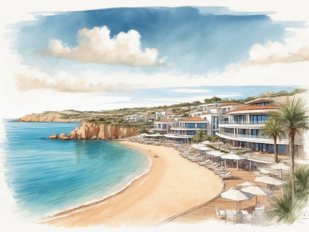 Auf dem Bild ist eine künstlerische Darstellung des Tivoli Marina Vilamoura Algarve Resorts zu sehen. Der Strand ist sandig und geschwungen, umgeben von einer ruhigen, blauen Bucht. Im Hintergrund sieht man die eleganten Gebäude des Resorts, die modern gestaltet sind und über große Fenster verfügen. Palmen und Sonnenschirme deuten auf eine entspannte, tropische Atmosphäre hin.
Das Tivoli Marina Vilamoura ist bekannt für seinen luxuriösen Aufenthalt und die Nähe zu verschiedenen Freizeitmöglichkeiten, einschließlich Golfplätzen und Wassersport. Es bietet eine Kombination aus Komfort, erstklassigem Service und atemberaubenden Ausblicken auf die Algarve-Küste.