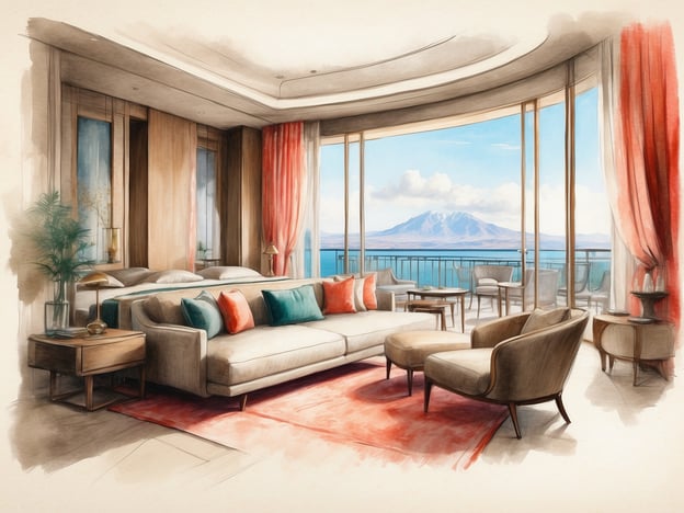 Auf dem Bild ist eine stilvolle und moderne Suite zu sehen, die mit eleganten Möbeln und großen Fenstern ausgestattet ist, die einen atemberaubenden Blick auf eine Landschaft bieten. Die Farbgestaltung ist warm und einladend, mit einer Kombination aus weichen Grautönen und lebendigen Akzentfarben wie Türkis und Rot.
Das Tivoli Oriente Lisboa ist ein modernes Hotel, das im Herzen von Lissabon gelegen ist. Es bietet luxuriöse Unterkünfte und eine Vielzahl von Annehmlichkeiten, darunter ein Restaurant mit Blick auf den Fluss Tejo, ein Fitnesscenter und einen Wellnessbereich. Die Lage des Hotels ermöglicht einen einfachen Zugang zu vielen Sehenswürdigkeiten der Stadt, wie dem Parque das Nações und dem Oceanário. Die Mischung aus Komfort, Stil und erstklassigem Service macht es zu einer beliebten Wahl für Reisende.